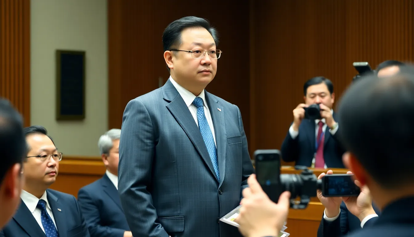 Hui Ka Yan, the chairman of China Evergrande Group, stands in a courtroom in Guangzhou as he pleads guilty to fraud charges, highlighting the ongoing crisis in the Chinese real estate market.