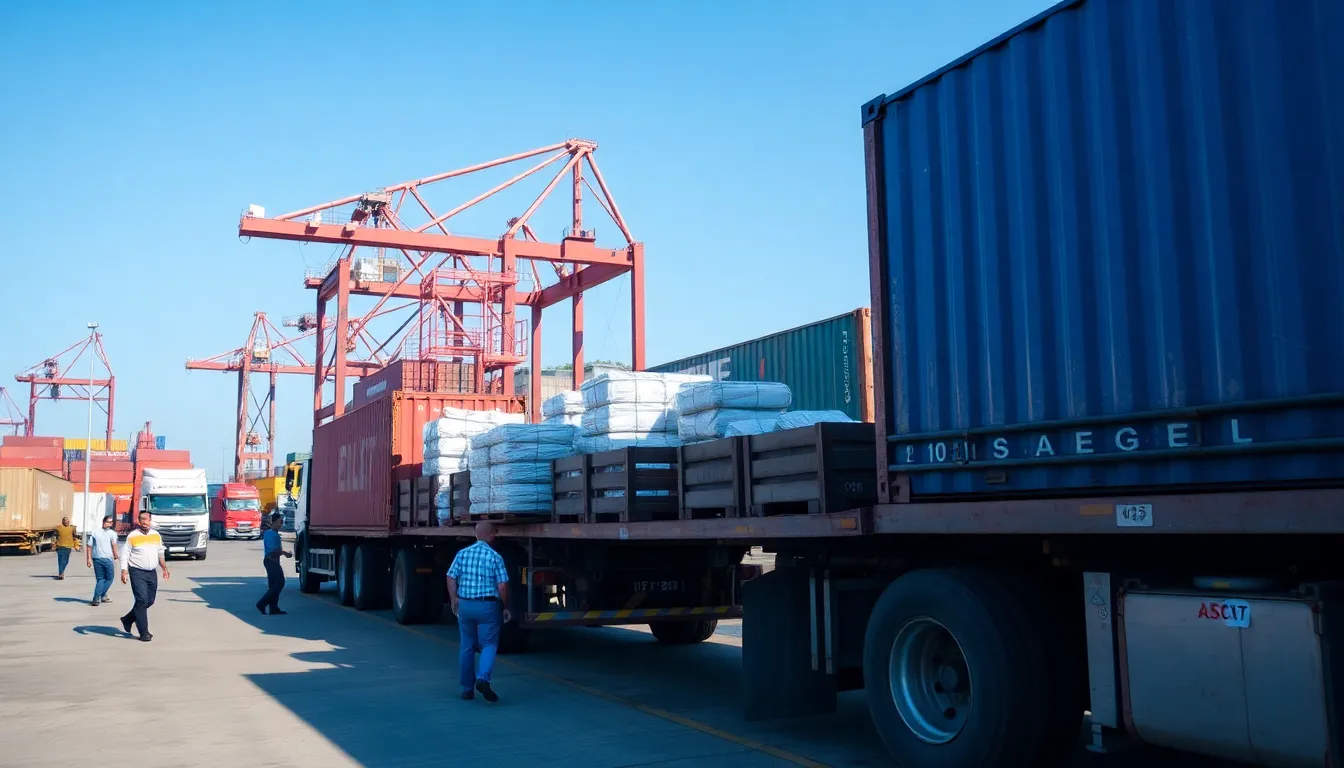 A convoy of specialized trucks transports liquefied natural gas through a secure facility, surrounded by safety barriers and monitoring equipment.