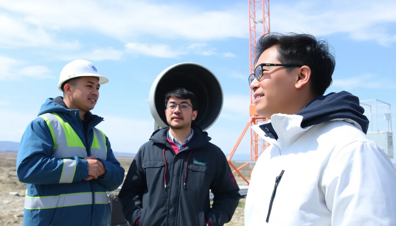 宇宙ロケットの打ち上げ準備が進む中、関係者が天候の変化を注視している風景