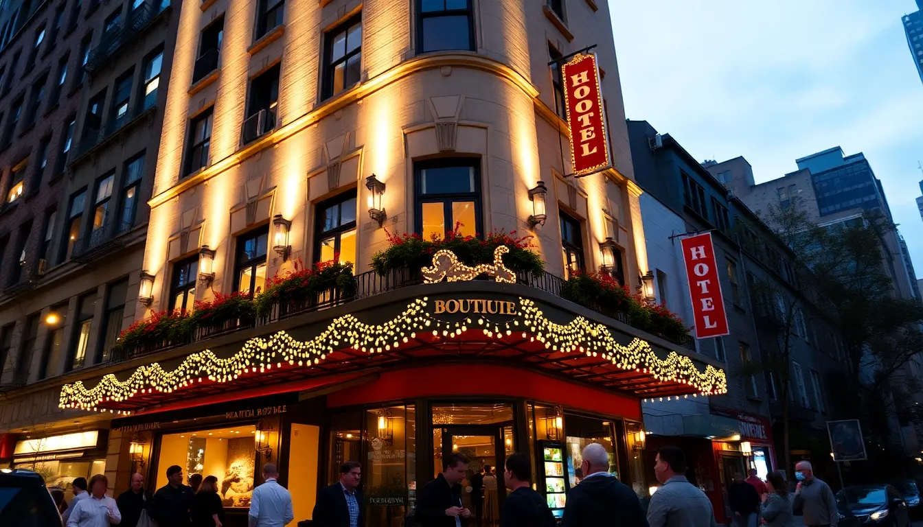 A stylish boutique hotel lobby in New York City features eclectic decor, vibrant artwork, and comfortable seating, welcoming guests with a unique atmosphere.