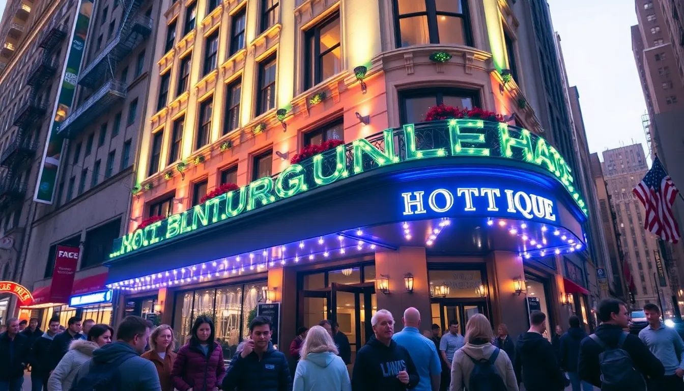 A bustling street scene outside a boutique hotel, where tourists and locals mingle, highlighting the vibrant neighborhood life