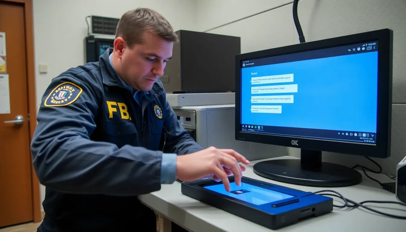 A group of FBI agents is seen working in a hightech lab, analyzing data on computer screens while discussing the extraction of deleted messages from an iPhone in a criminal investigation.