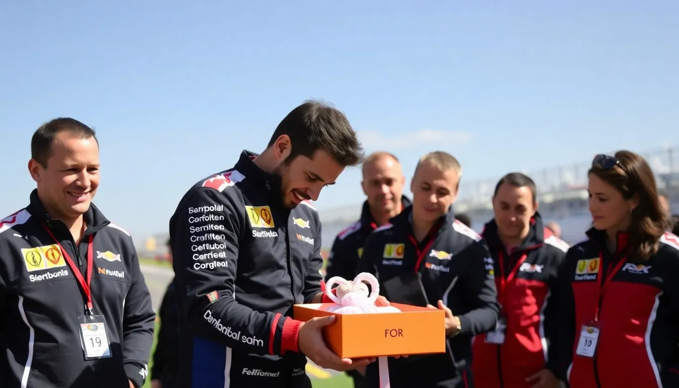 Fernando Alonso smiles as he holds a custommade race suit for his newborn son, a heartfelt gift from the Formula 1 community celebrating his recent fatherhood.