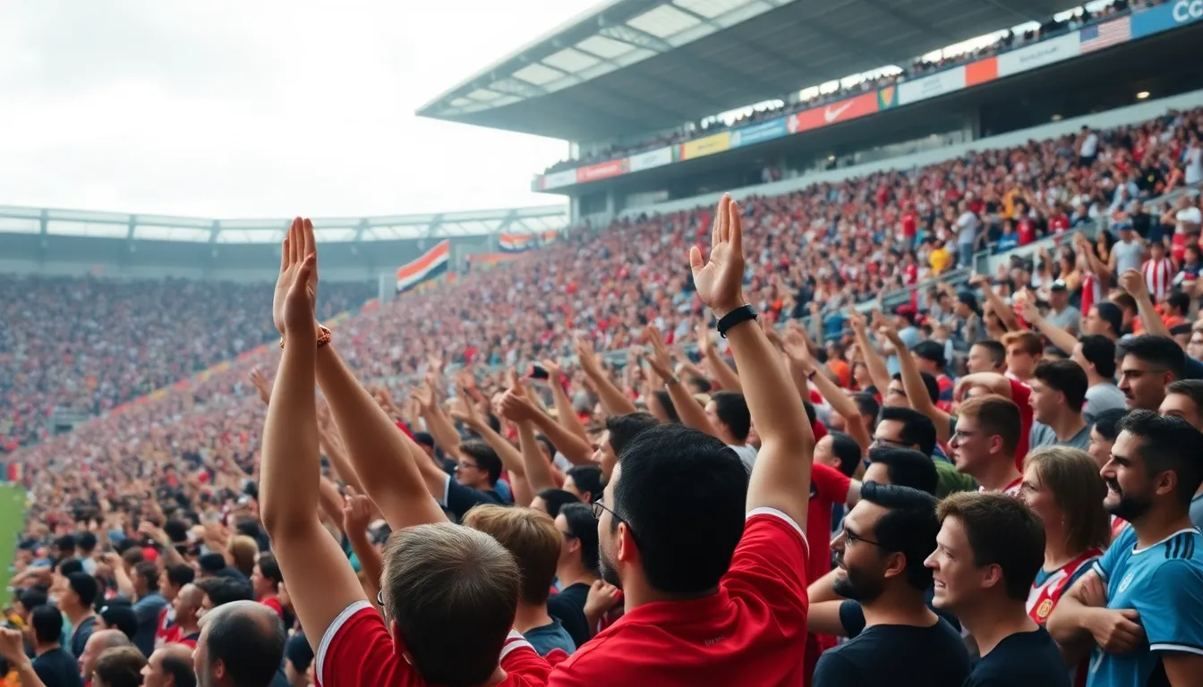 A diverse crowd of fans cheers passionately in a stadium filled with vibrant team colors during a thrilling football match.