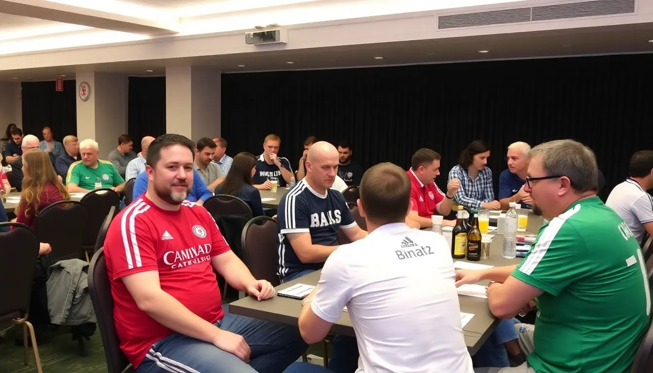 A group of enthusiastic football fans gather around a table, eagerly discussing and taking notes as they participate in a quiz challenge to name every club in the Premier League and EFL.