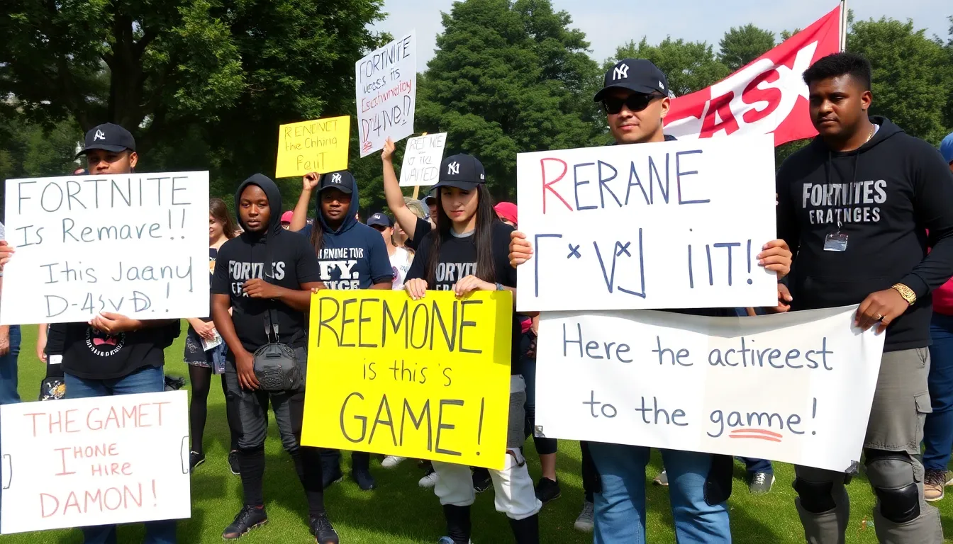 A group of frustrated Fortnite players gathers around a computer, passionately discussing their concerns about the character D4vd and his impact on gameplay balance.