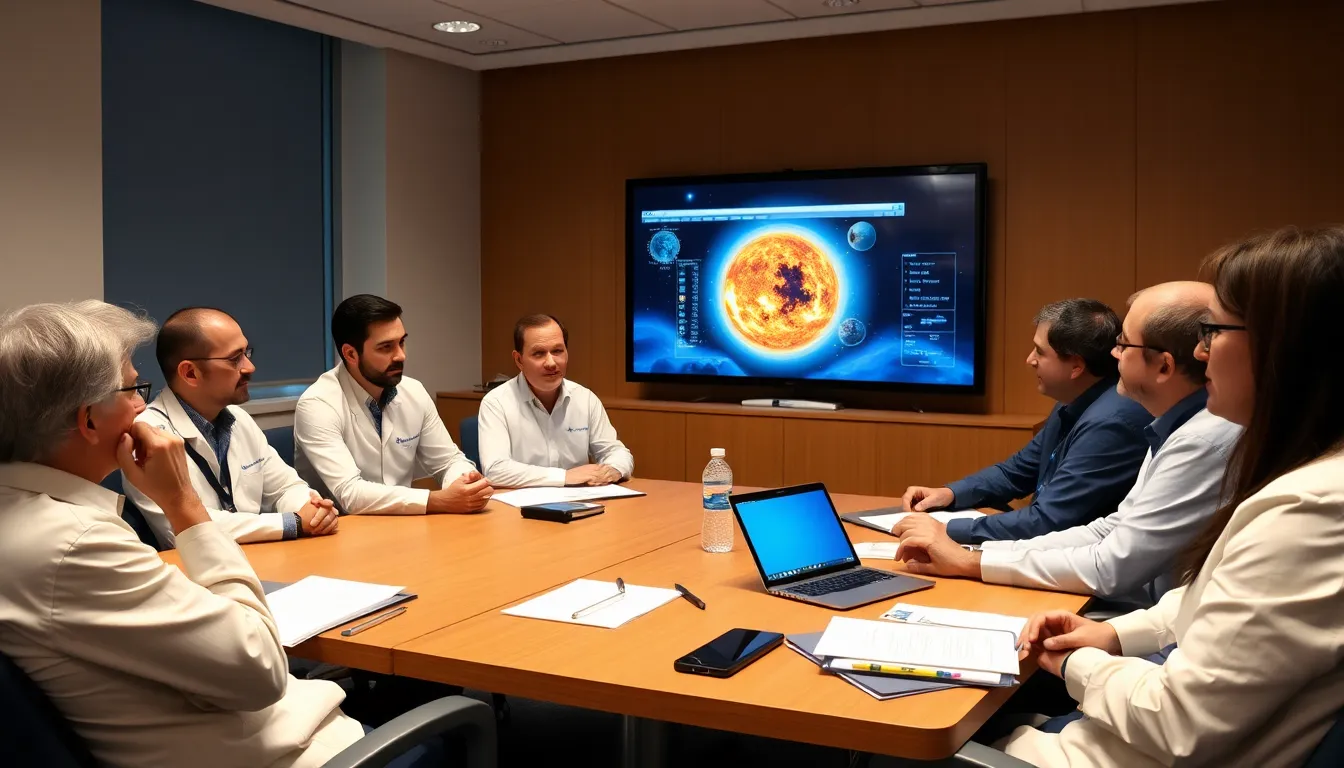 Surrey scientists gather in a laboratory, discussing plans for a new space weather mission that aims to enhance understanding of solar activity and its effects on Earth.
