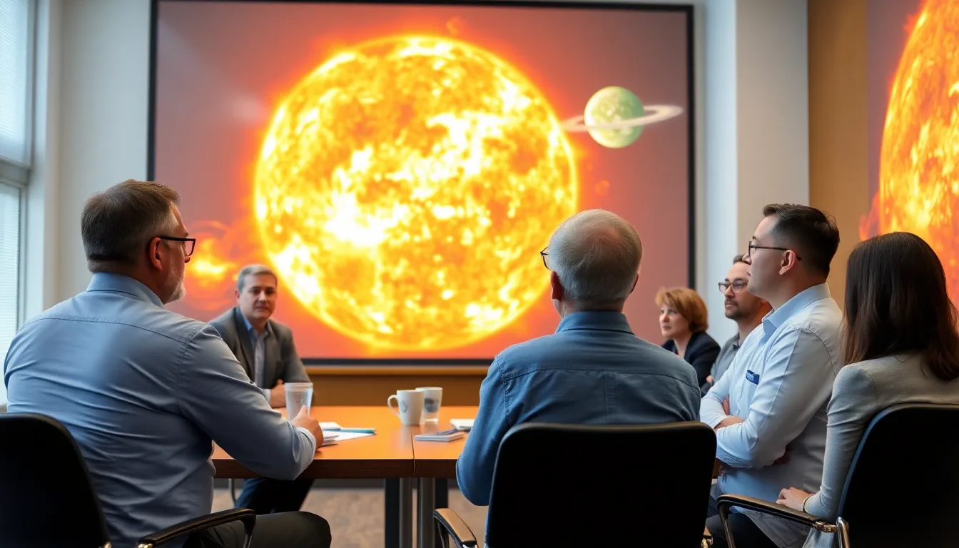 宇宙天気の変化が通信や電力網に与える影響を説明するためにプレゼンテーションを行う科学者