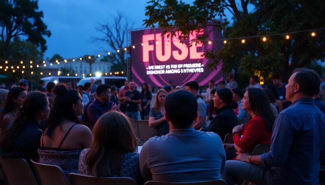A crowded theater audience reacts with excitement as the film 'Fuze' begins, with the screen illuminated and the anticipation palpable.