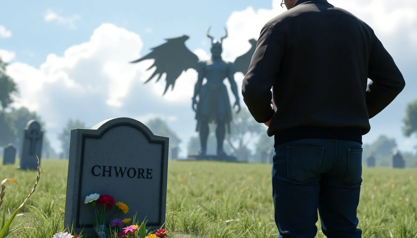 A man kneels beside a grave in a cemetery, surrounded by flowers, as a Cubone appears nearby, drawing the attention of onlookers.