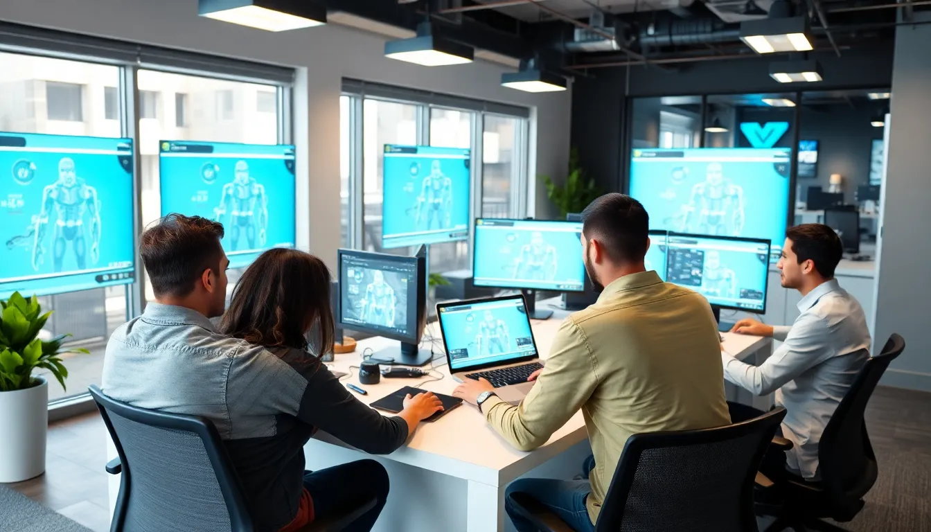 A group of game developers discusses the implications of generative AI on game design during a conference, with a presentation slide highlighting key challenges and opportunities in the background.
