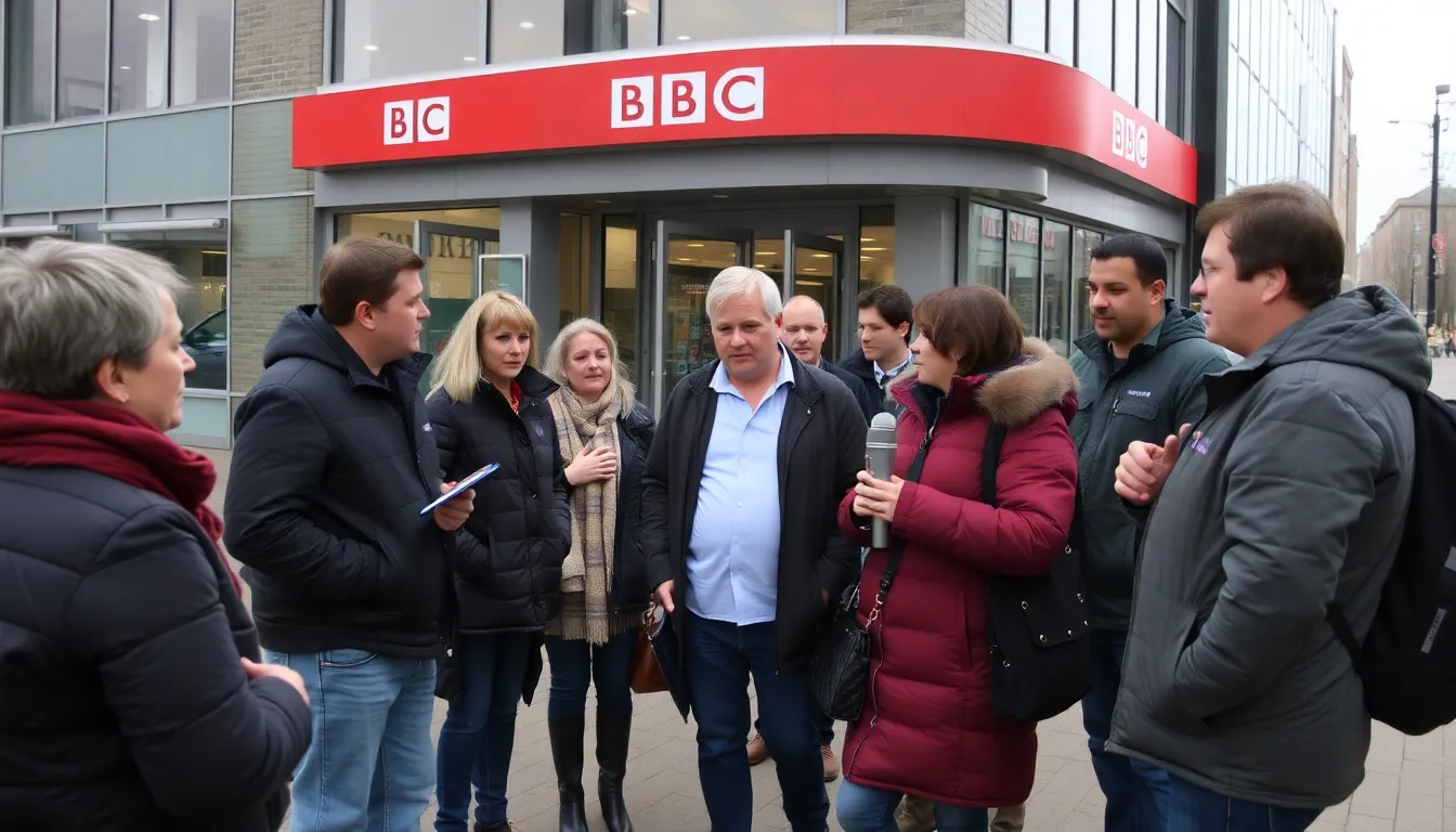 Gladiator Giant speaks to reporters outside a BBC studio, expressing his concerns about being removed from a show due to his girlfriend's job within the network.