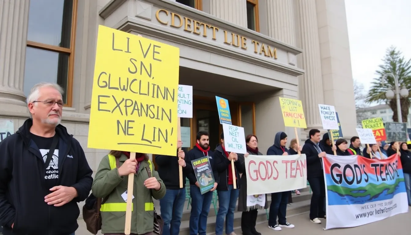 A group of environmental activists gathers outside a government building, holding signs and banners to protest the recent decision to waive animal protections for expanded oil drilling.
