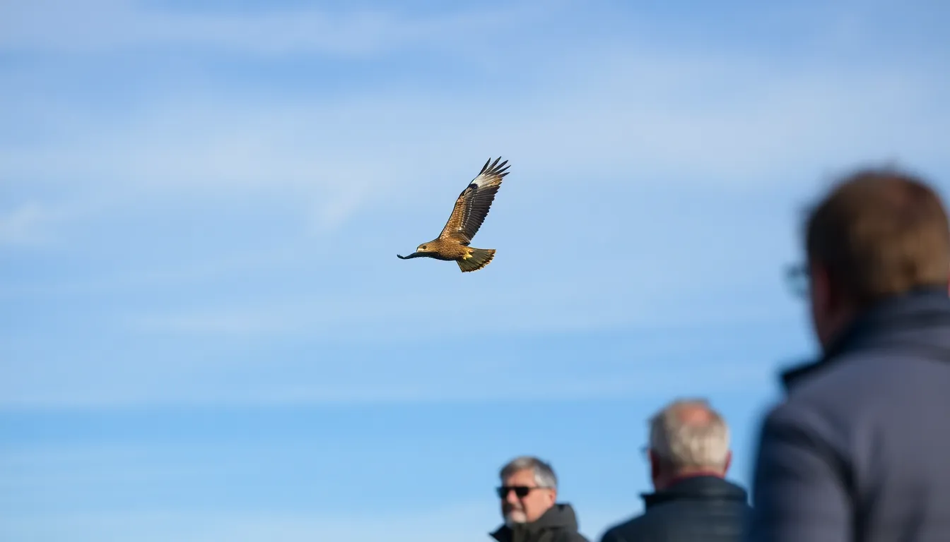 Conservationists and local community members collaborating on a project to reintroduce golden eagles, showcasing a united effort to restore biodiversity