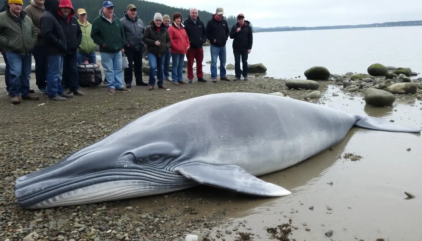 A young gray whale lies on the shore near the mouth of the Snohomish River in Washington state, drawing attention from local wildlife officials and onlookers.