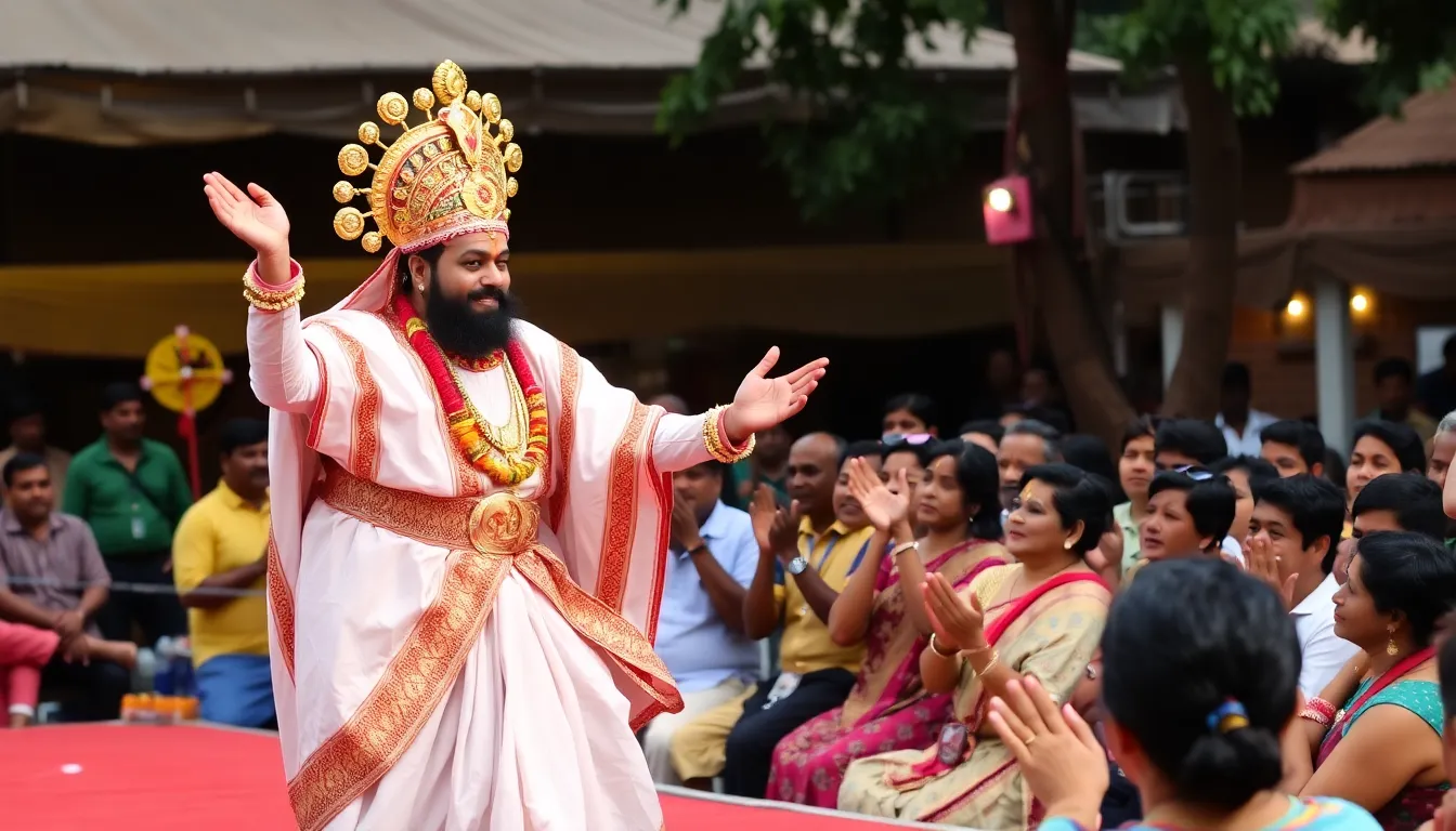 A dynamic stage performance featuring a celebrated stage queen, embodying the fusion of traditional and modern influences that define the current landscape of Indian theater
