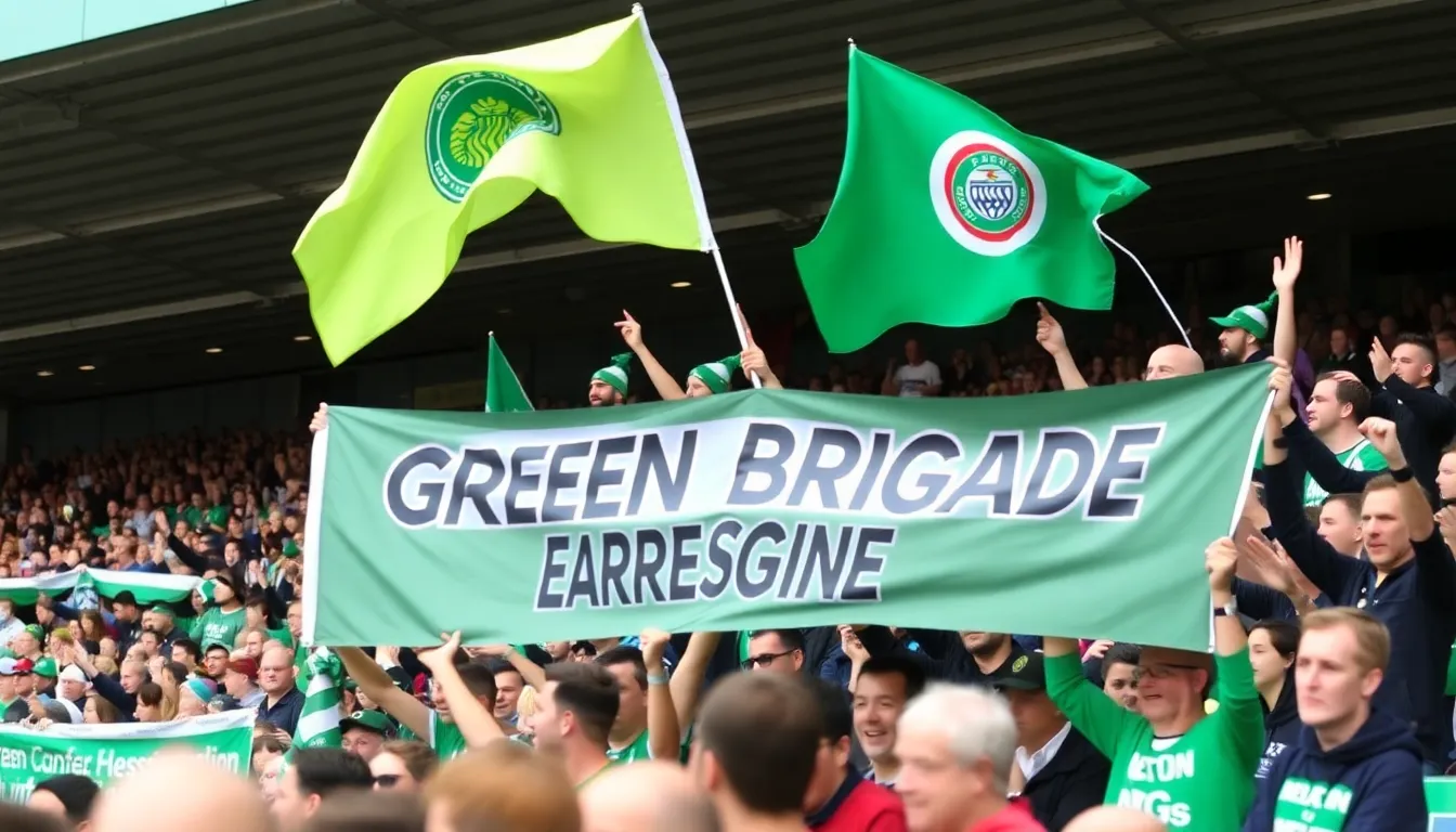 Supporters of Celtic FC gather in anticipation outside Celtic Park, eagerly discussing the return of the Green Brigade and its potential impact on the team's title chances.