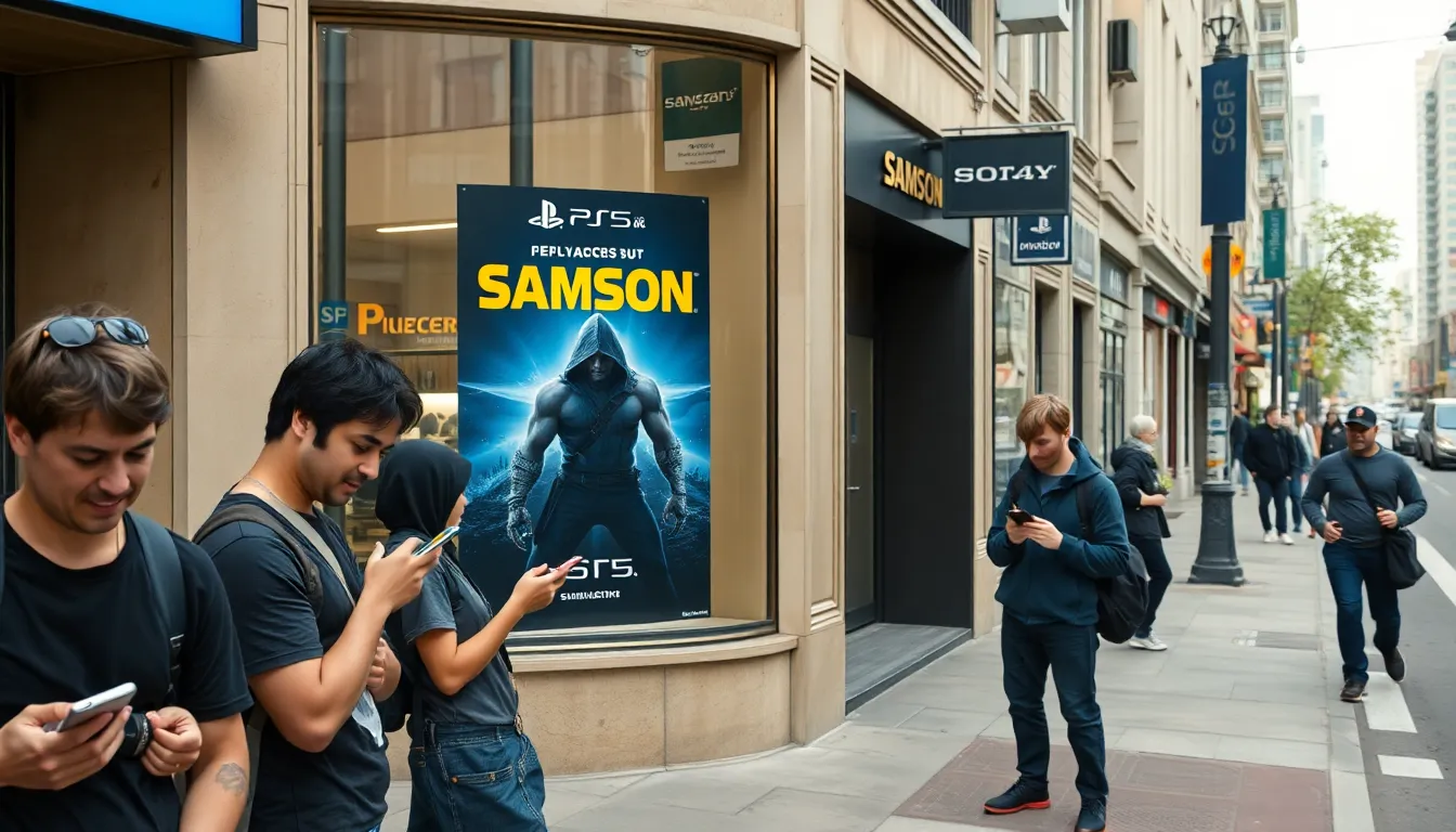 A group of gamers gathered in a living room, expressing mixed reactions as they watch a live stream of the upcoming action game Samson on a large television screen.