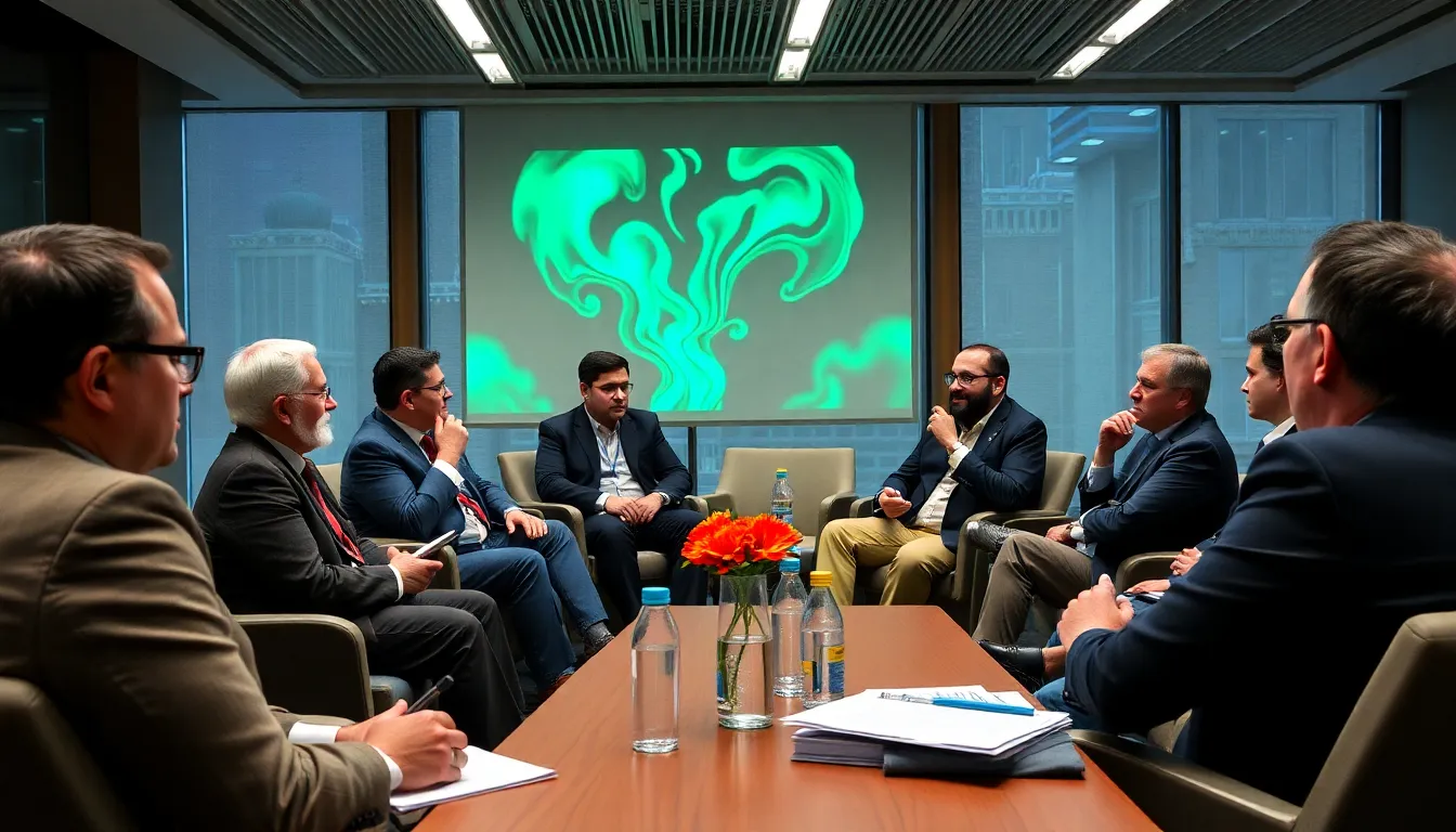 A group of researchers discusses findings on the therapeutic effects of psychedelics in a modern laboratory setting, surrounded by scientific equipment and charts.