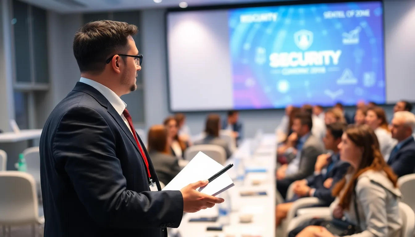 A cybersecurity expert stands confidently in front of a computer screen displaying code, illustrating their role in combating cyber threats and vulnerabilities.