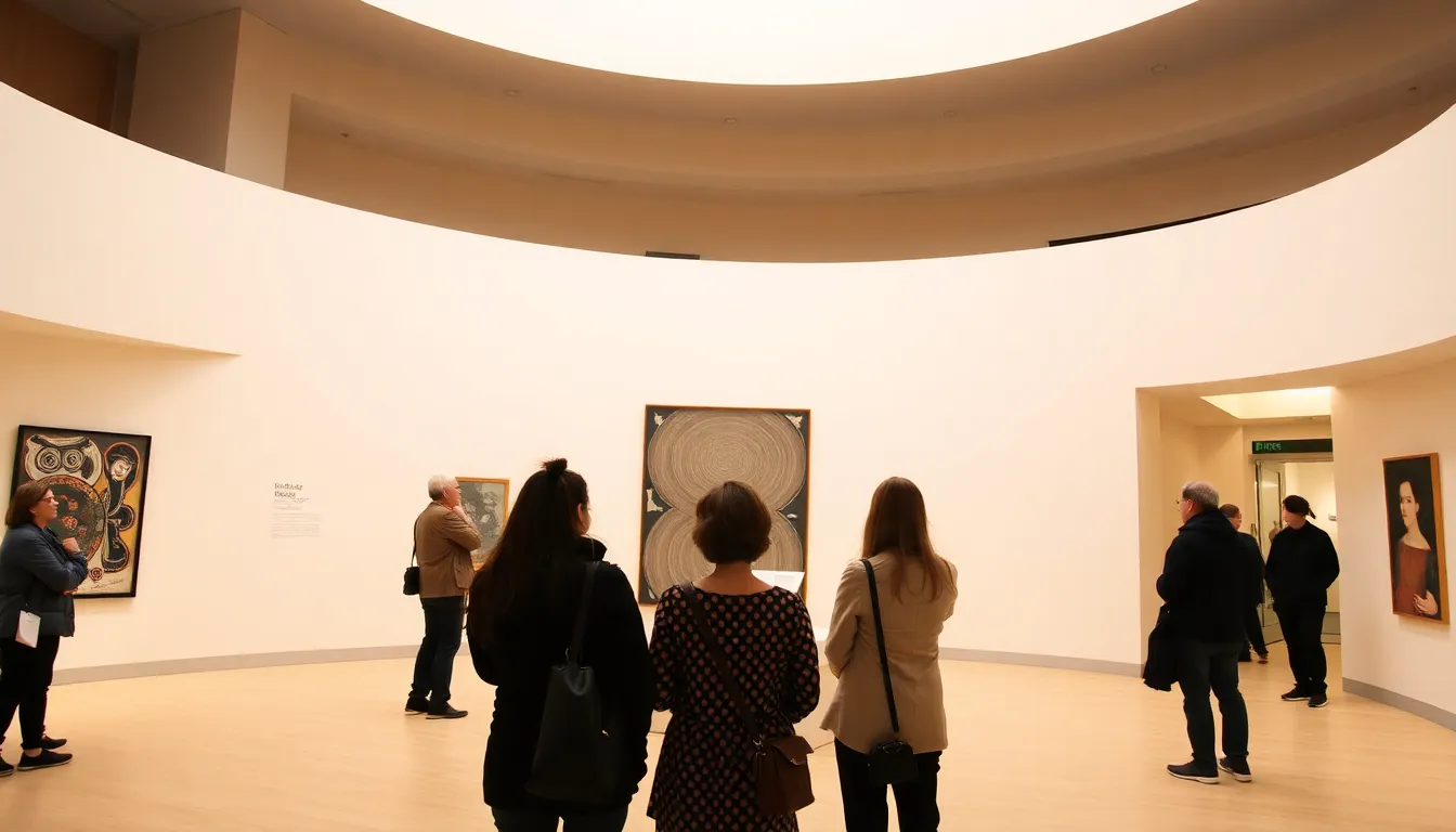 Visitors explore the Hilma af Klint exhibition at the Guggenheim Museum, admiring vibrant abstract paintings that highlight the artist's pioneering role in the genre.