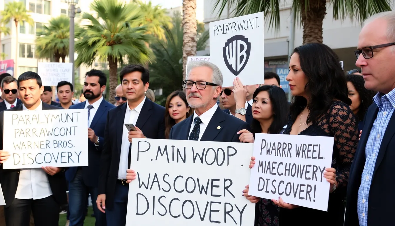 A group of Hollywood stars, including Leonardo DiCaprio and Jennifer Aniston, gather at a press conference to voice their opposition to the proposed merger between Paramount Pictures and Warner Bros Discovery.