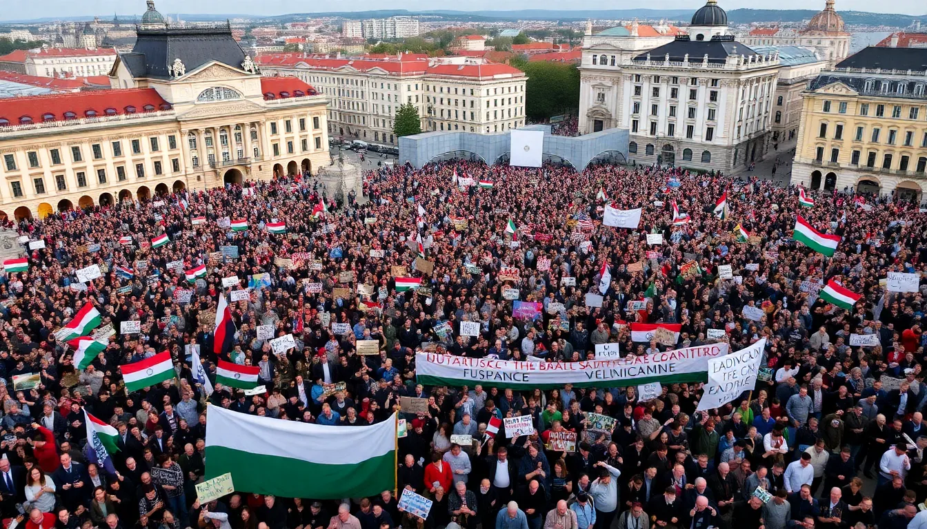 Joyful Hungarian voters celebrate the election results, expressing their hopes for a new political direction amidst a vibrant atmosphere of unity and optimism.