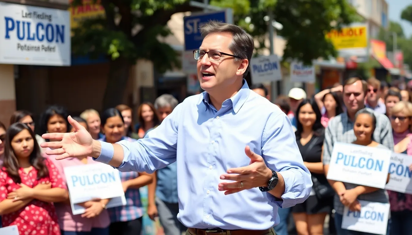 The opposition candidate passionately addresses a crowd of supporters at a campaign rally in Budapest, emphasizing the need for change and a more transparent government.