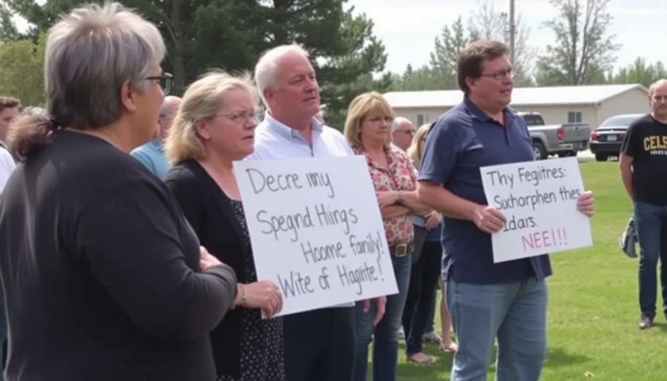 A group of concerned family members gathers outside a state building in Idaho, holding signs advocating for the restoration of mental health services for individuals with schizophrenia.