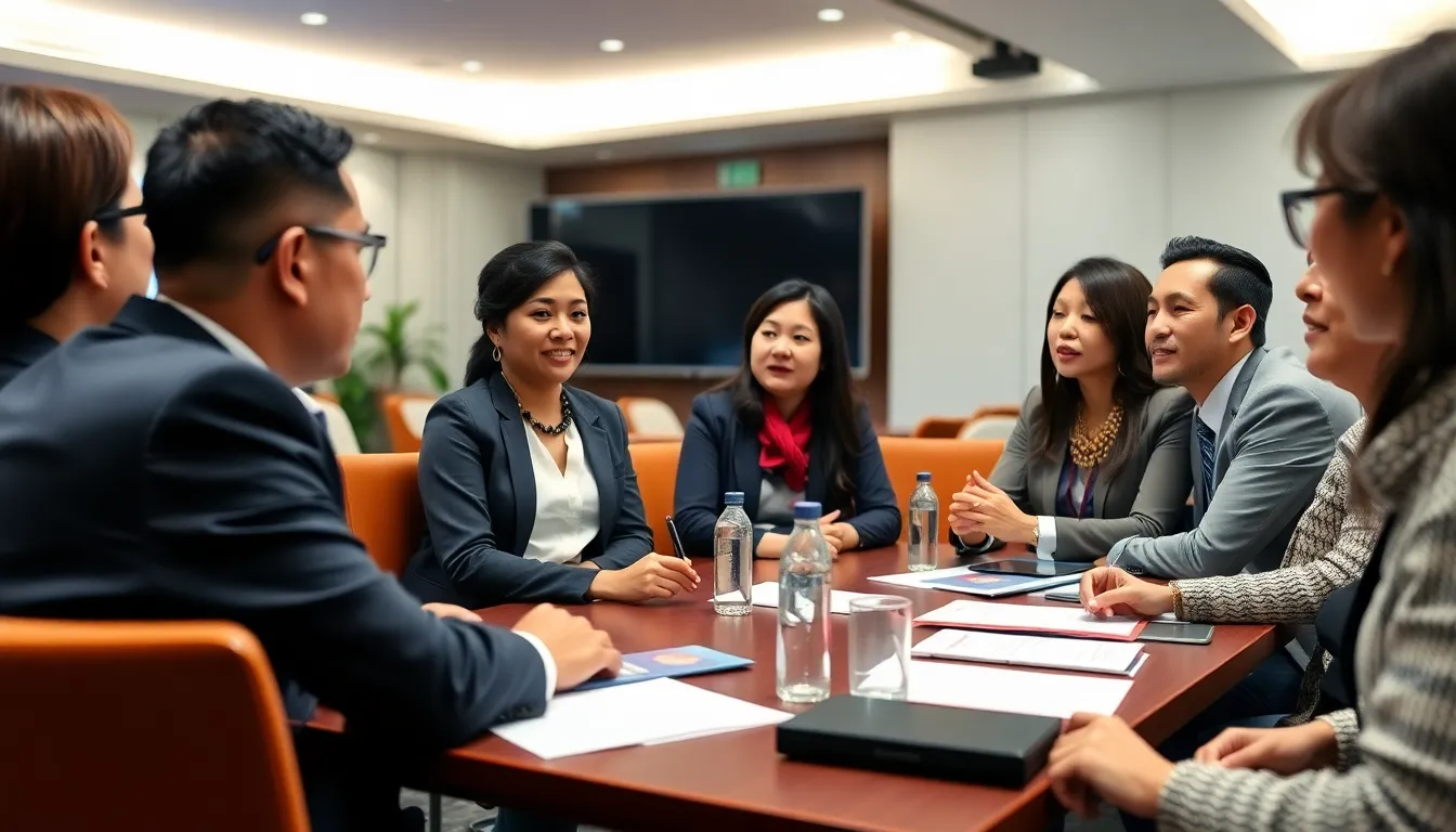 A group of business executives discusses strategies for relocating supply chains during a conference focused on international trade challenges.