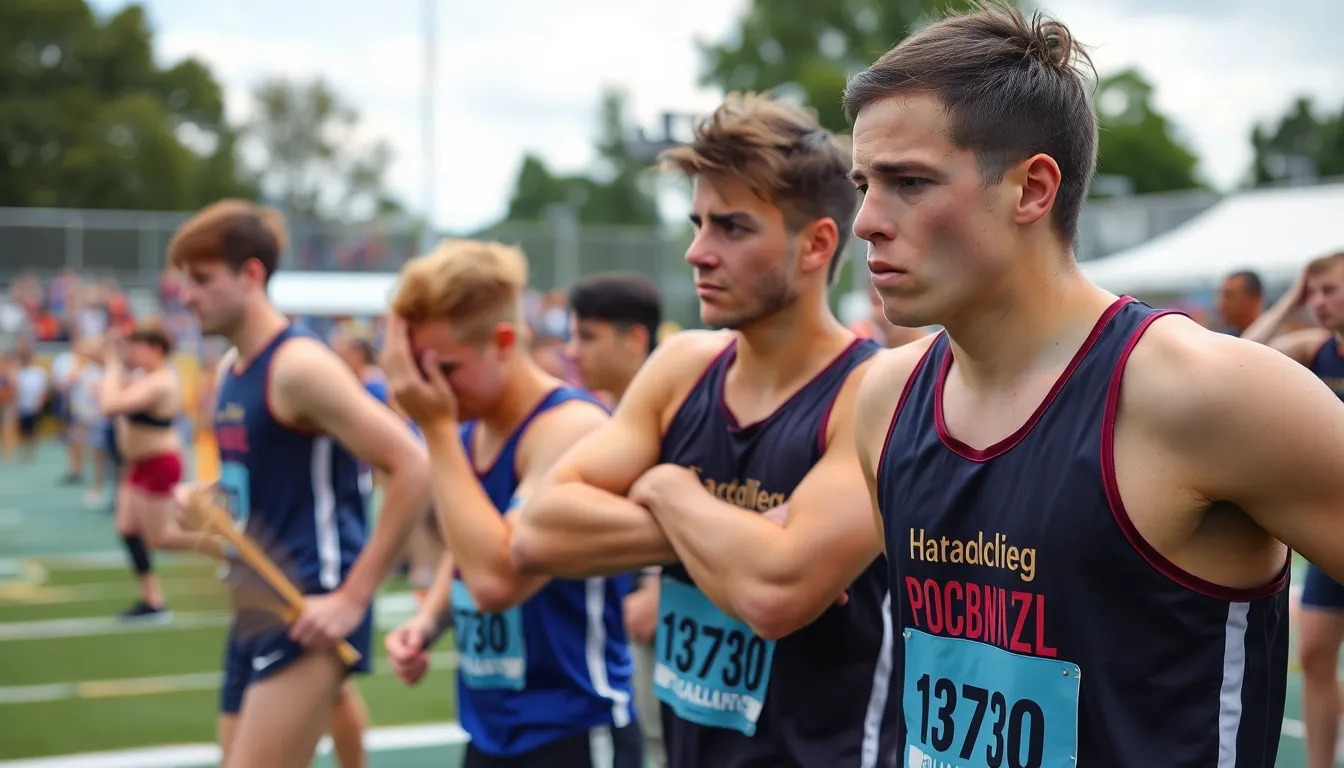A female athlete pauses on the sidelines during a competition, visibly concerned as she addresses the challenges of incontinence in front of her teammates.