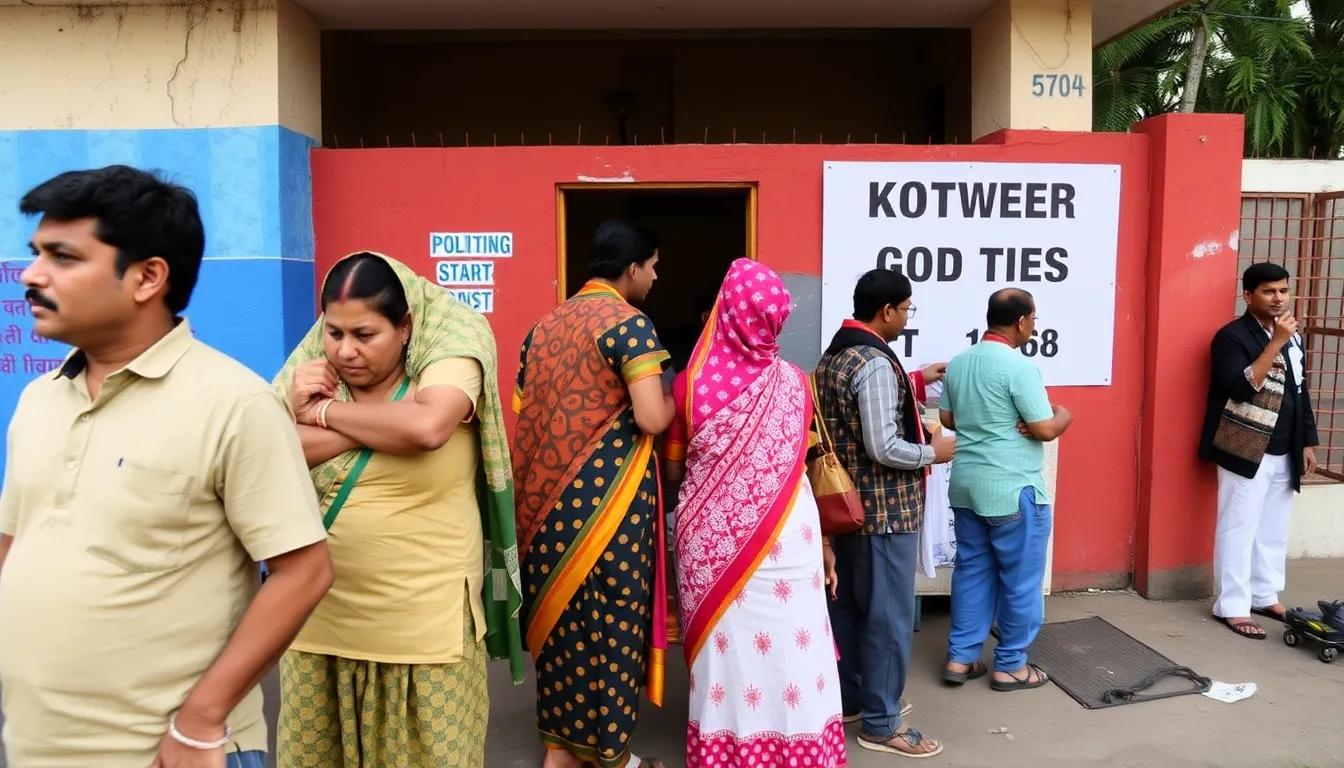 Voters line up outside a polling station in India as state elections begin, reflecting the intense political atmosphere and high stakes for the ruling party.