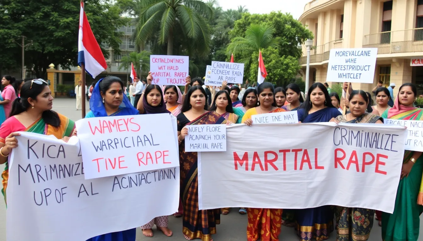 Protesters gather outside a government building in India, holding placards demanding the criminalization of marital rape and advocating for women's rights and legal reforms.