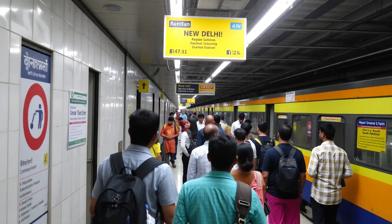 A nearly empty Delhi Metro train stands at a platform, highlighting the stark contrast between the city's extensive metro expansion and the low commuter turnout amid ongoing health concerns and changing work habits.