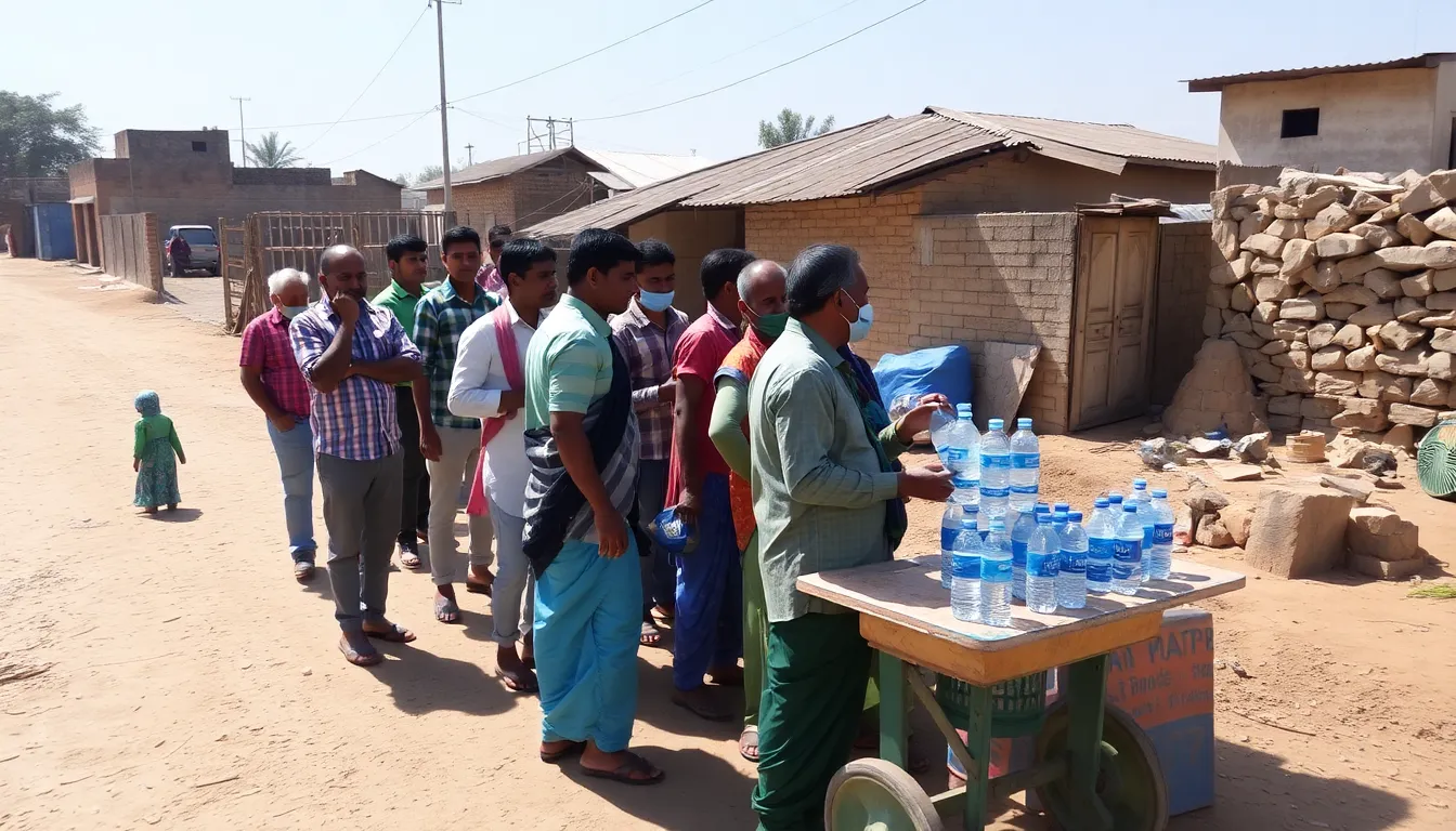 A vendor stands beside a roadside stall displaying bottles of water and beer, while people in the background seek relief from the intense heat during India's recordbreaking summer.