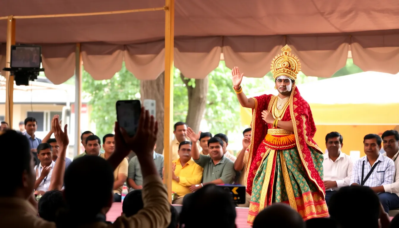 A renowned Indian actor captivates an audience during a vibrant theater festival, showcasing the dynamic evolution of stage performances in contemporary India.