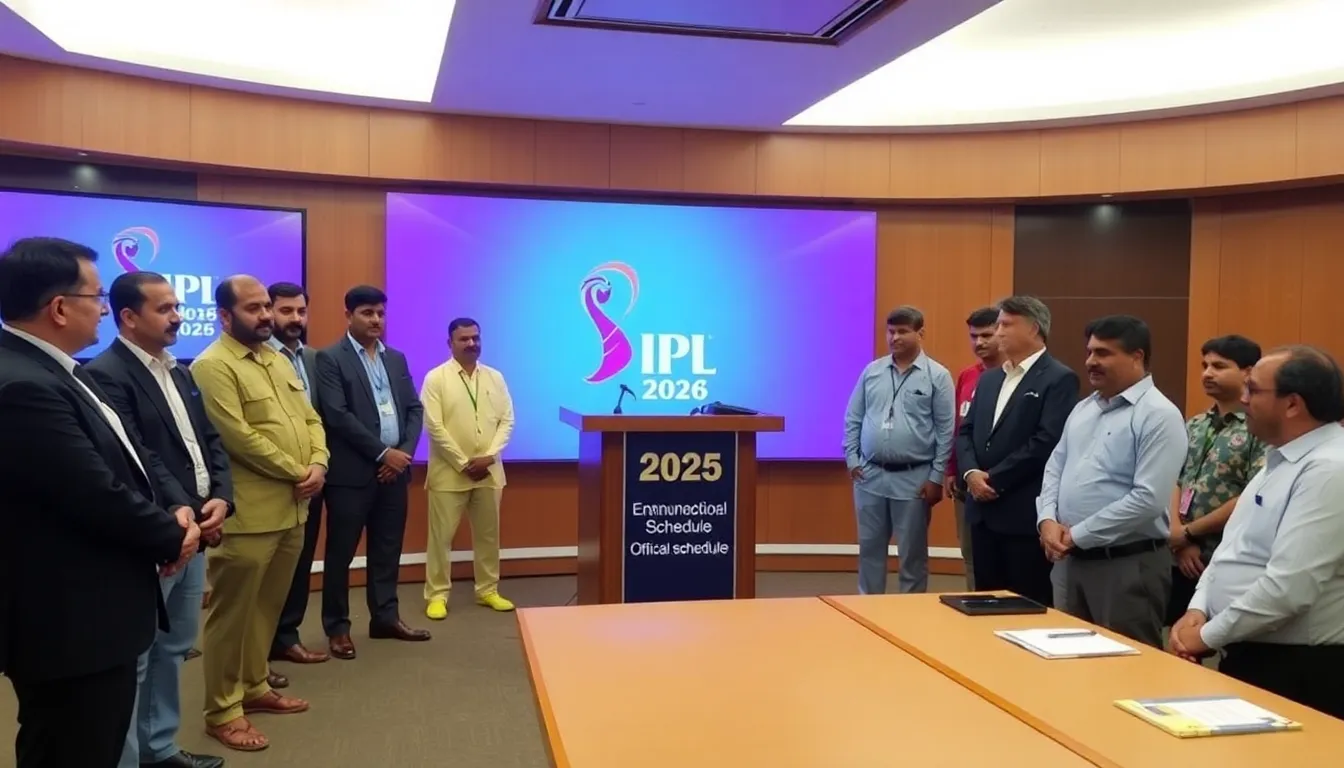 cricket fans gathering in a stadium, eagerly discussing the upcoming IPL 2026 season while holding banners and wearing team jerseys.