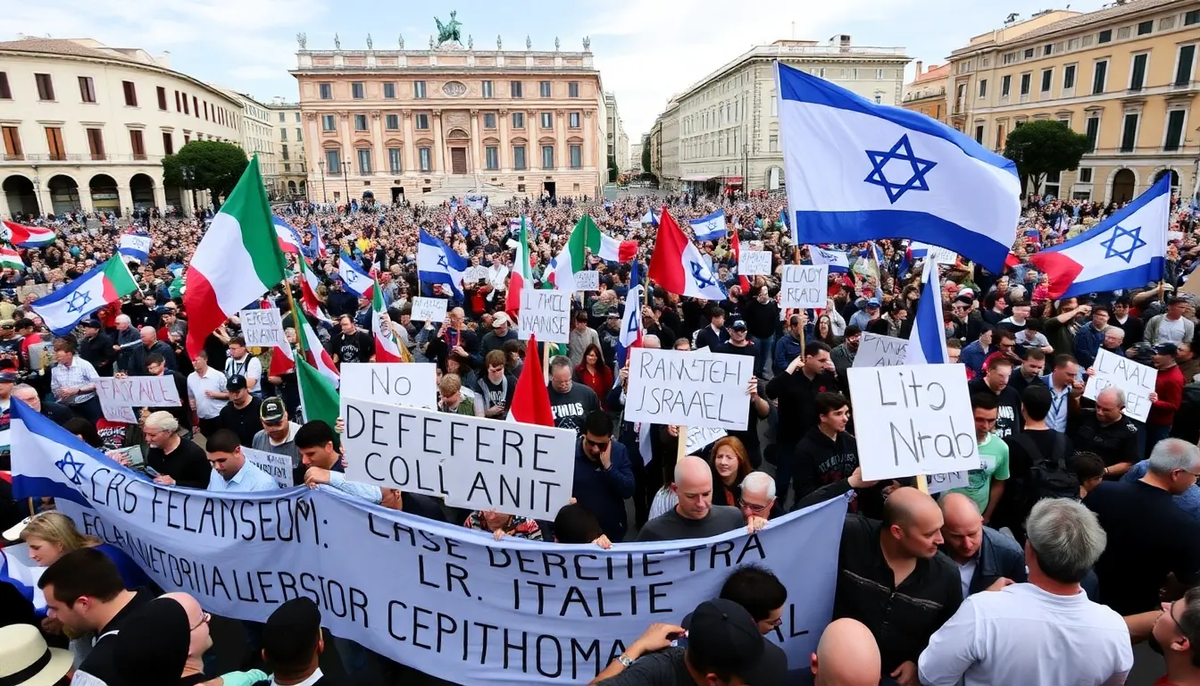 A group of protesters gathers in front of the Italian Parliament, holding banners and chanting slogans against the government's decision to suspend the defense pact with Israel.
