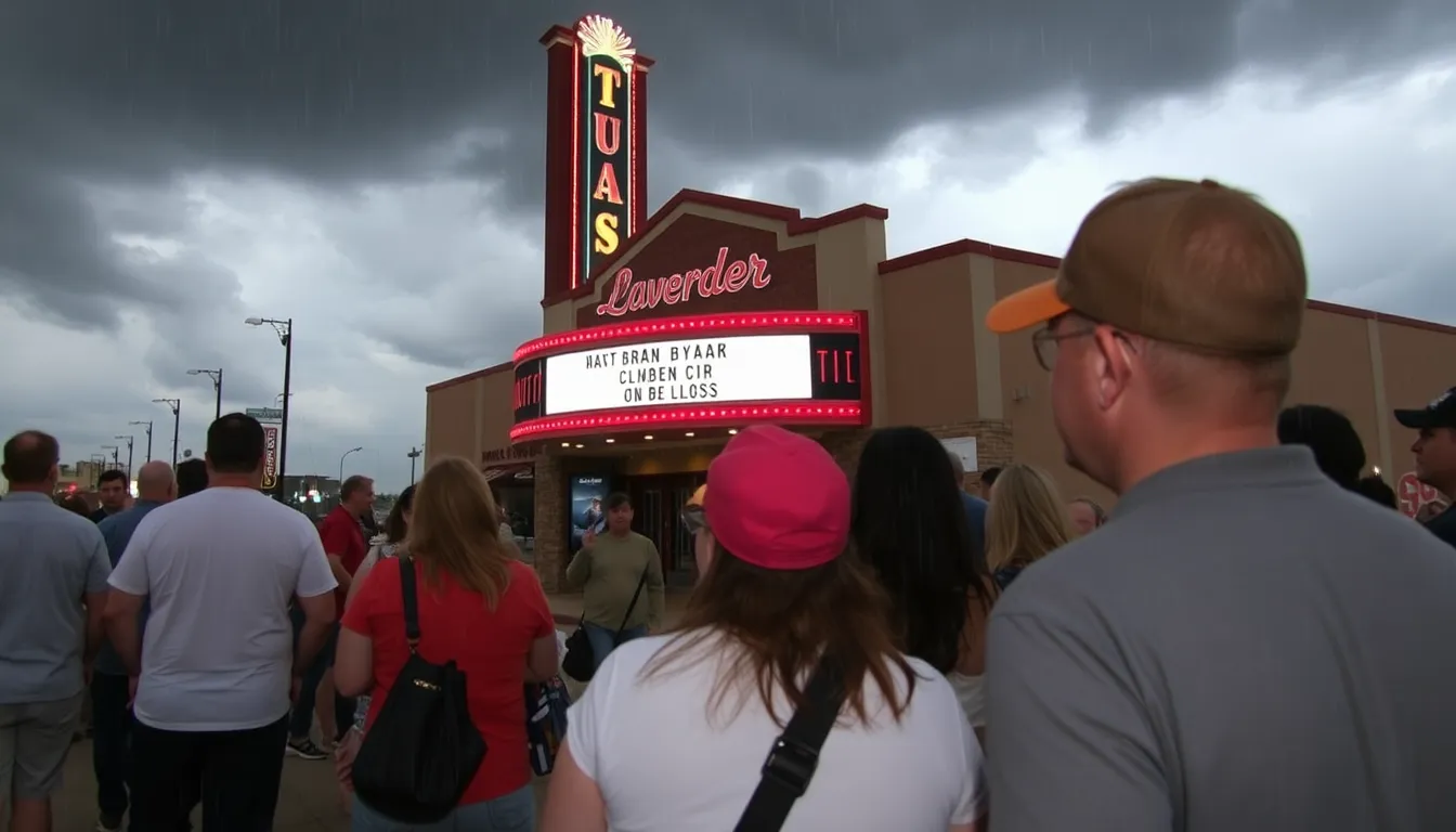 Fans gather outside the venue in Tulsa, Oklahoma, looking disappointed and concerned as they learn about the cancellation of Zach Bryan's concert due to severe weather warnings.
