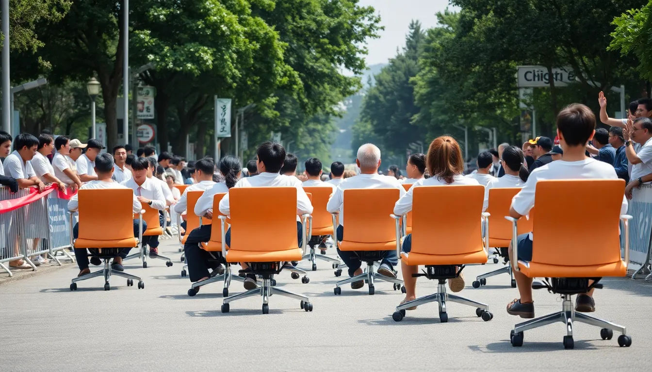 Participants in colorful costumes race on wheeled office chairs down a makeshift track in a bustling urban setting, surrounded by enthusiastic spectators cheering them on.