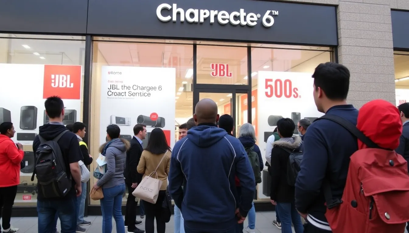 A consumer examines the JBL Charge 6 Speaker on display at a retail store, highlighting its promotional price tag of 9.95 after a  discount.