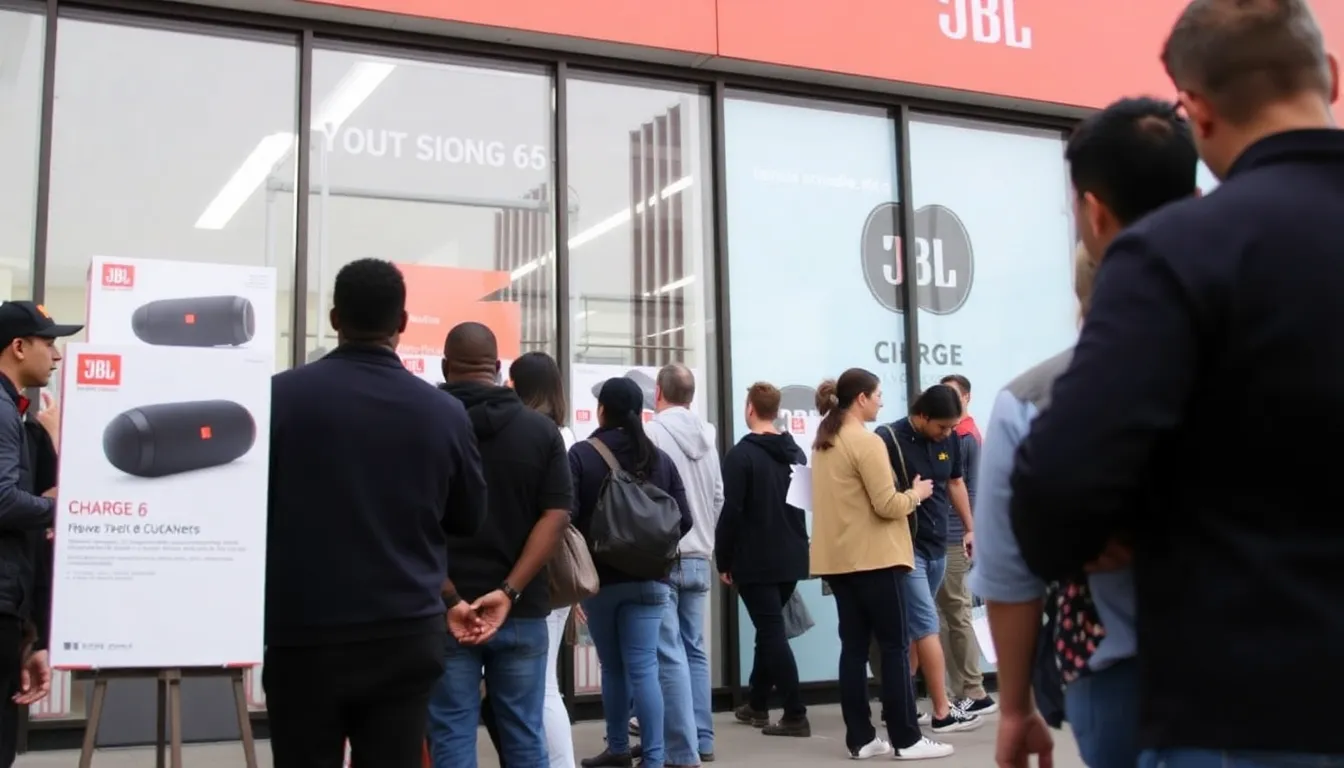 Enthusiastic consumers enjoy a lively outdoor gathering, enhanced by the powerful audio output of the JBL Charge 6 speaker