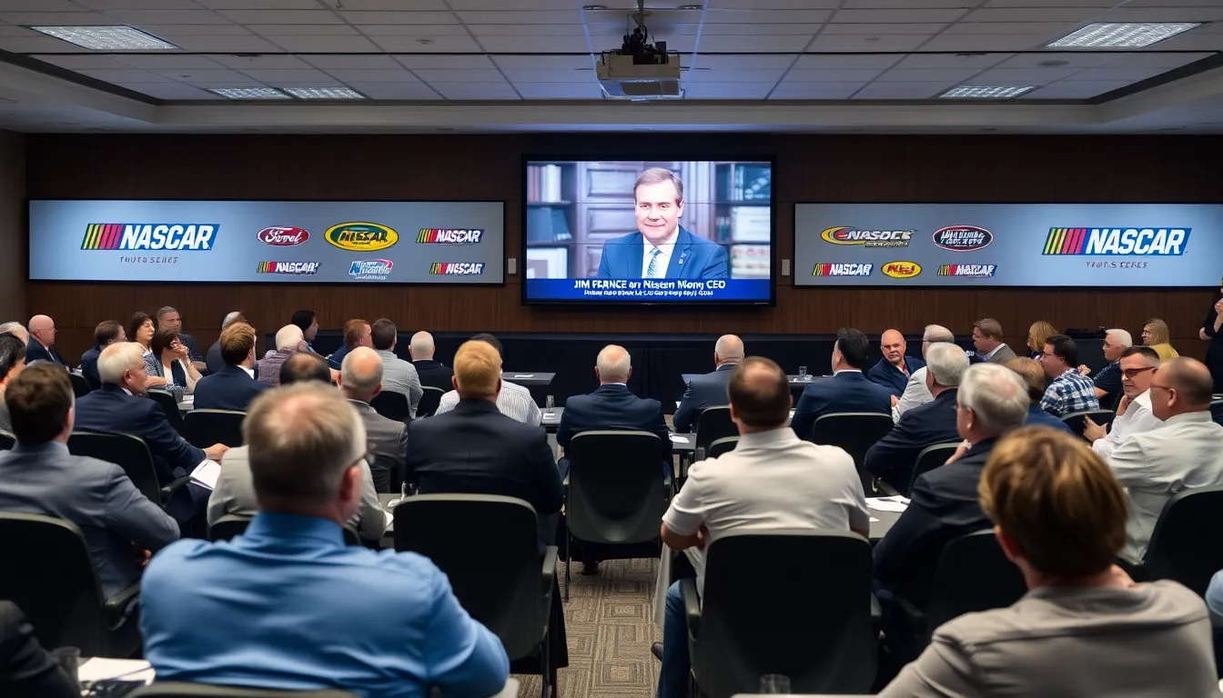 짐 프랜스가 NASCAR CEO 자리에서 물러나며 경영진 변화에 대한 논의가 활발히 이루어지고 있는 회의실의 모습.