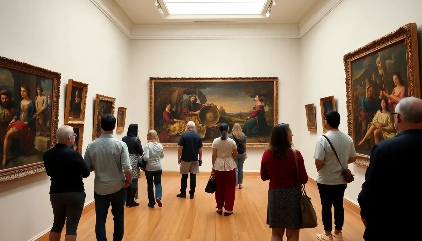 A crowd of art enthusiasts gathers outside the Museo de Bellas Artes in Seville, eagerly waiting to enter the exhibition showcasing the works of Francisco de Zurbarán.