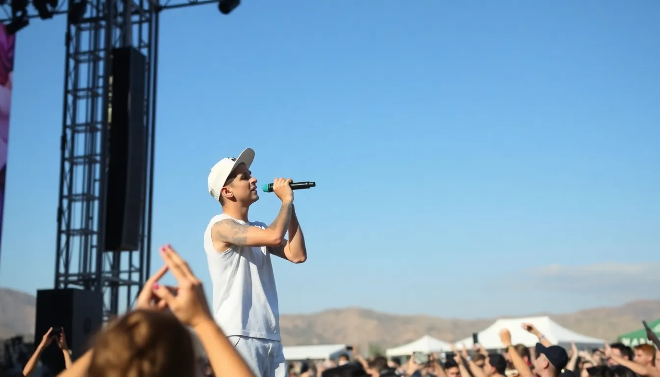 Justin Bieber performs on stage at Coachella, captivating the audience with a mix of contemporary hits and nostalgic favorites, while showcasing his vocal talent and stage presence.