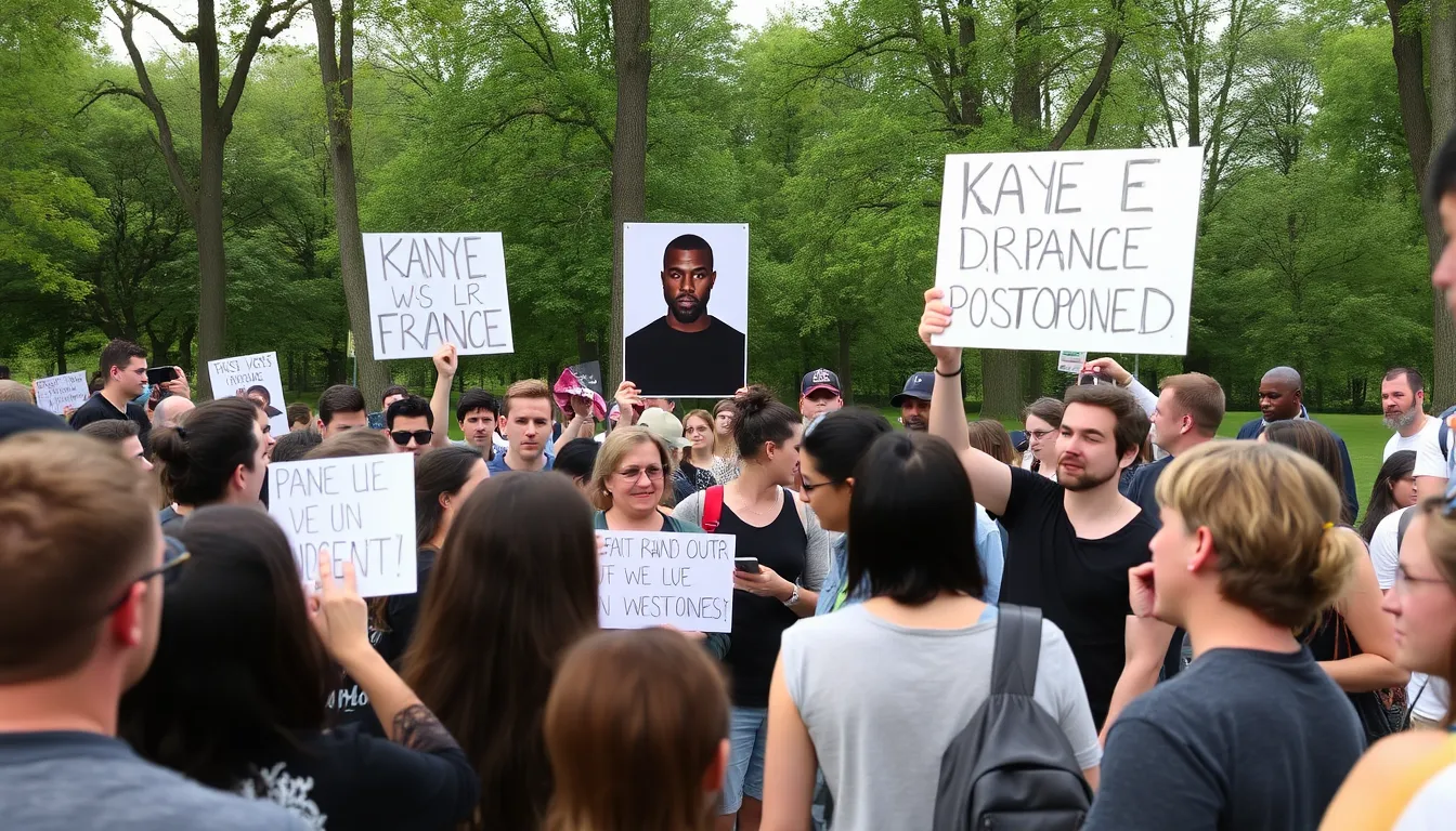 Kanye West stands on stage with a microphone in hand, addressing a crowd of eager fans during a previous concert.