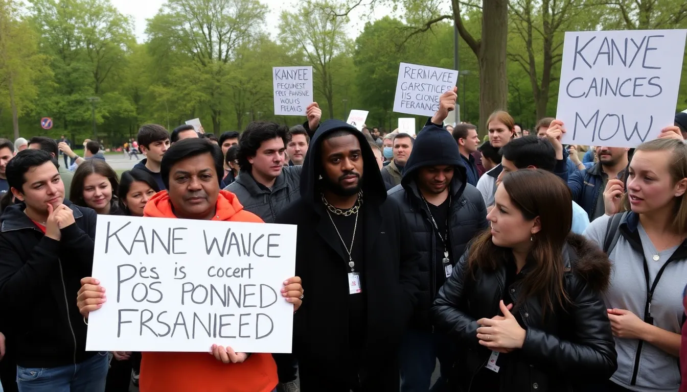 A protest scene outside a venue, where supporters and critics of Kanye West gather to voice their opinions on artistic expression and public safety, highlighting the ongoing debate