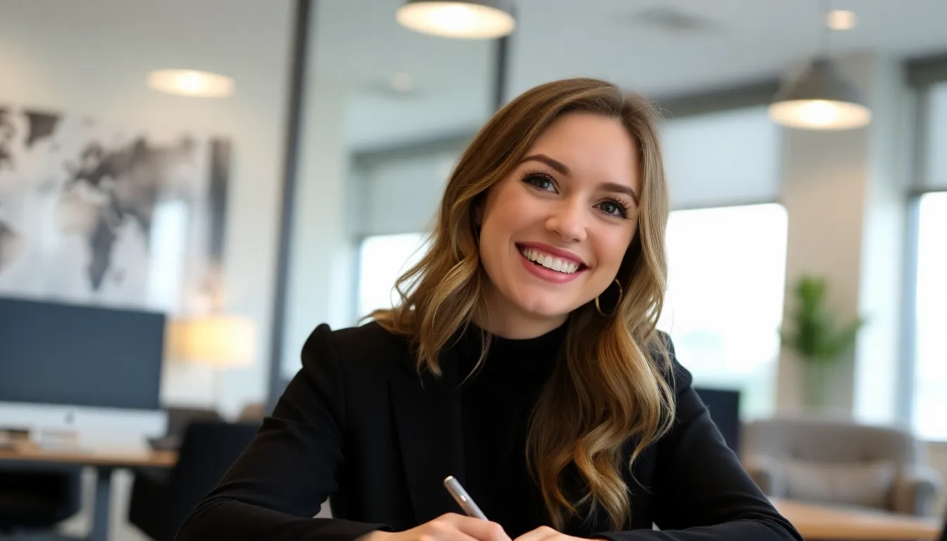 Kennedy Ryan smiles as she signs her firstlook deal with Universal Studio Group, surrounded by industry representatives in a modern office setting.