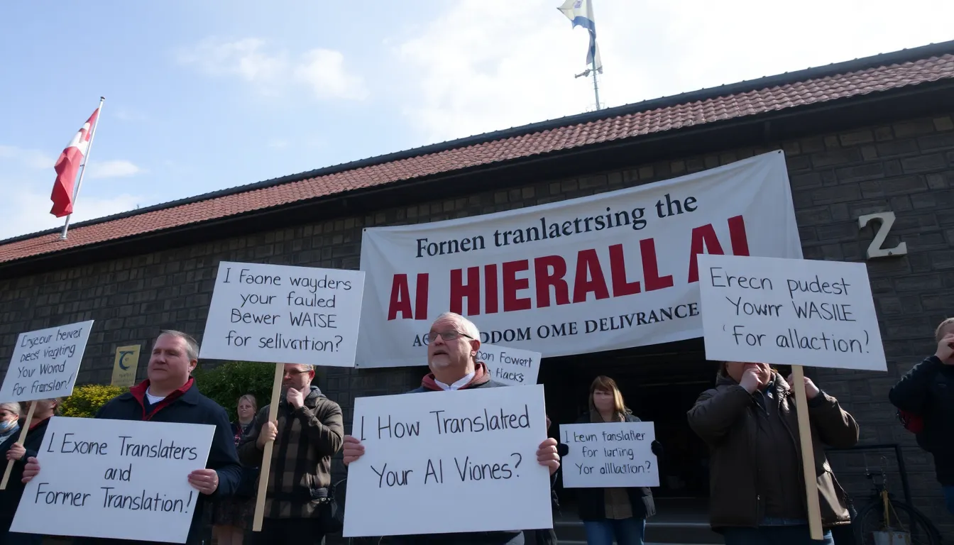 A group of concerned game developers discusses the implications of replacing human translators with AI during a meeting at the studio's office.