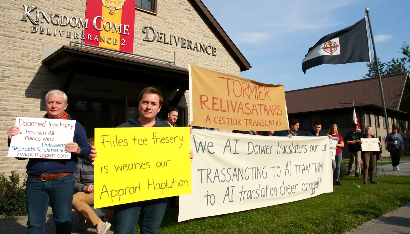 A group of concerned translators gathers at a meeting, expressing their worries about the future of their profession amidst rising AI integration